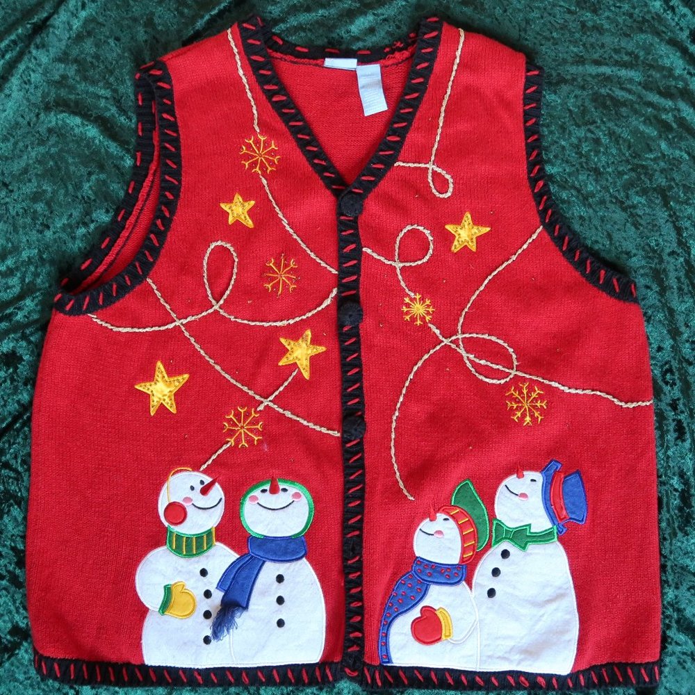 Red Knit vintage 90s "ugly Christmas sweater" Snowmen Sweater Vest , sz 2x